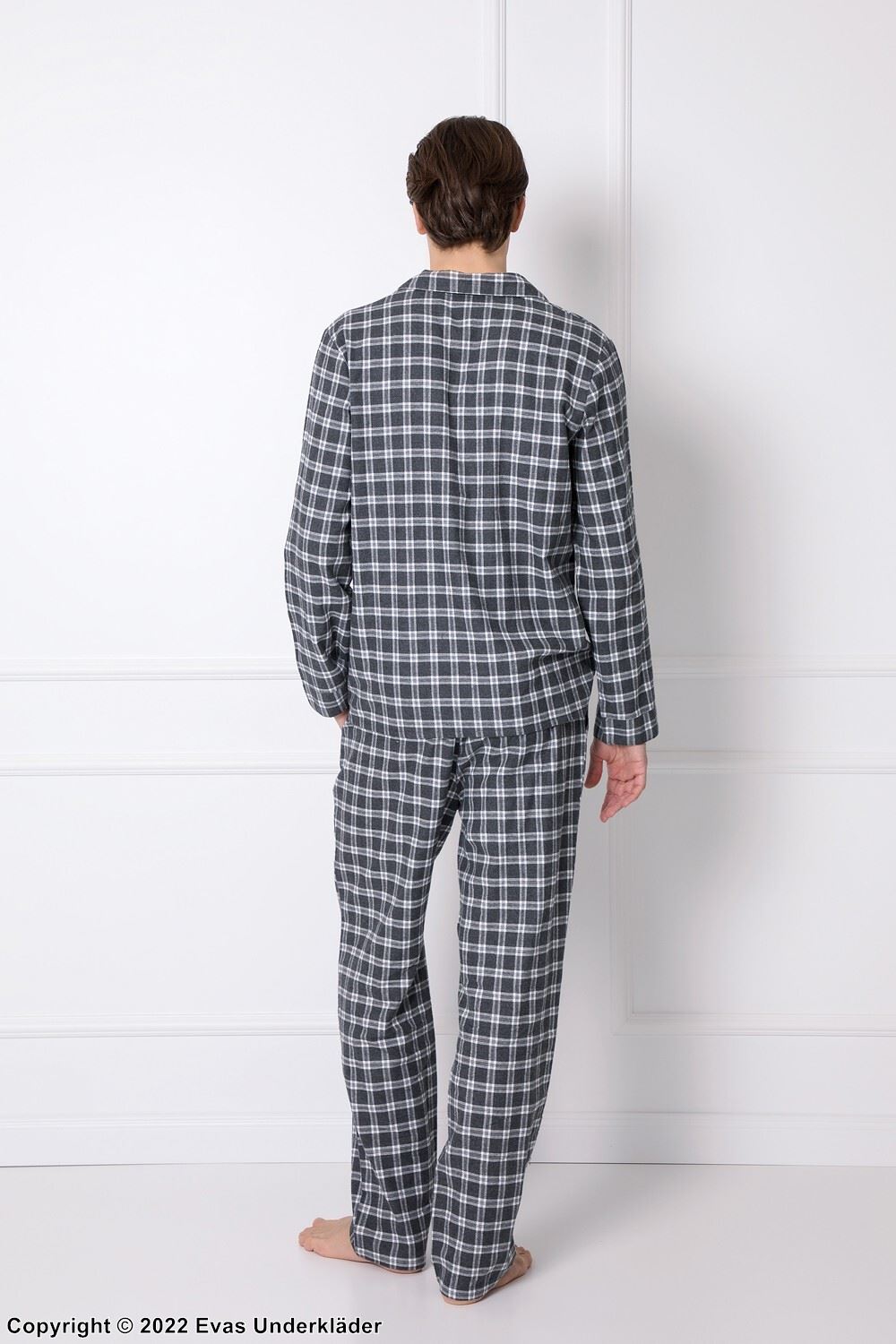 Men's top and pants pajamas, long sleeves, pocket, checkered pattern